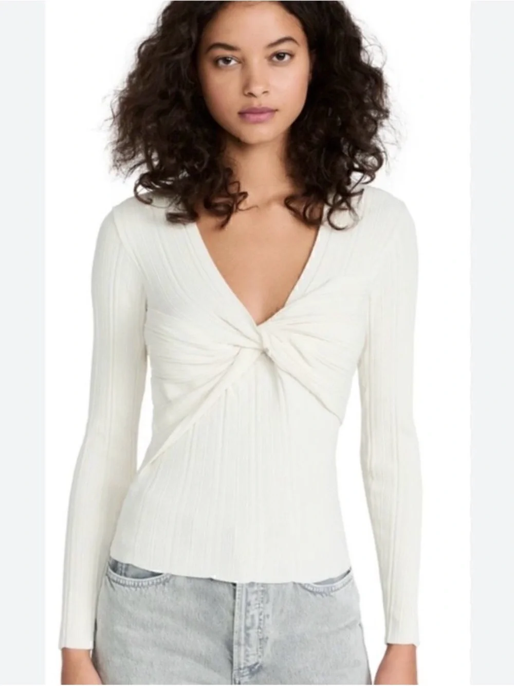 Frame Denim Cream Ribbed Twist-Front Long Sleeve Top - Picture 3 of 8